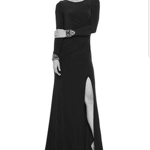 Eliza J deep purple gown with beaded sleeves